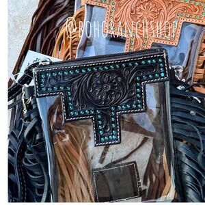 Shayne Black Leather Fringe Clear Crossbody Concert Stadium Bag Small